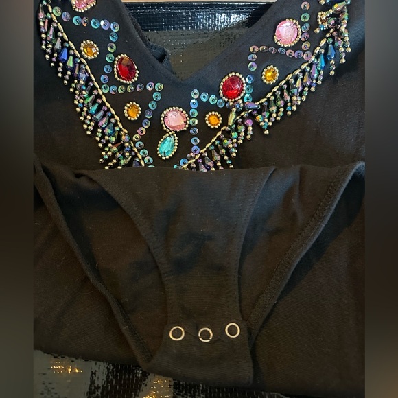 Vintage Bejeweled Black Bodysuit Sz L Rhinestone Long Sleeve Glam Festival A142 - Picture 2 of 5